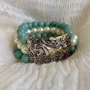 Silver Horse Bracelet with turquoise & pearl beads